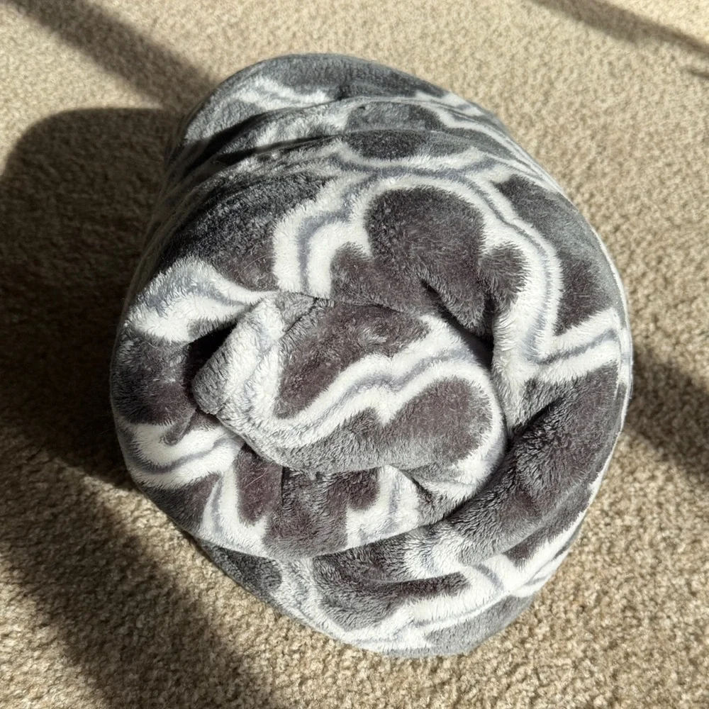 Gray and White Plush Throw Blanket